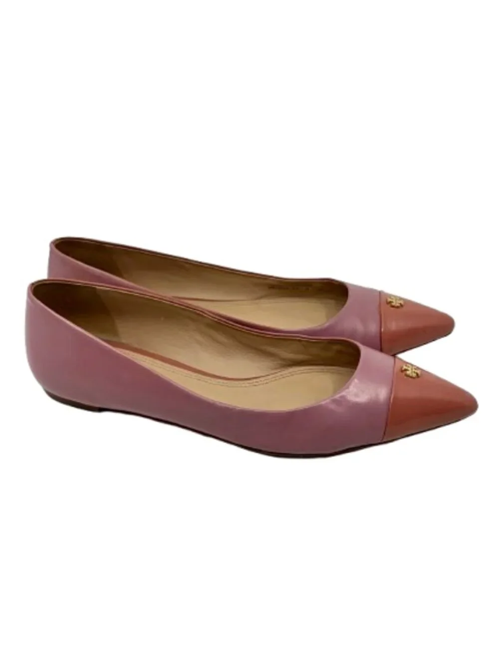 TORY BURCH~Fairfield~POINTED TOE CALF LEATHER BALLET FLATS Pink & Mauve Sz 8.5